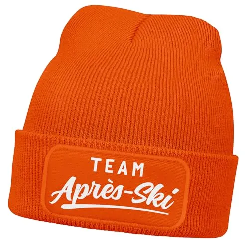 MoonWorks® Herren Beanie mit Patch Strickmütze Skifahren Party Skiurlaub Spruch Aufdruck Lustig Mütze Männer Orange Unisize