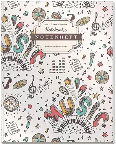 DÉKOKIND Notenheft | DIN A4, 64 Seiten, 12 Notensysteme pro Seite, Inhaltsverzeichnis, Vintage Softcover | Dickes Notenbuch | Motiv: Musikmuster