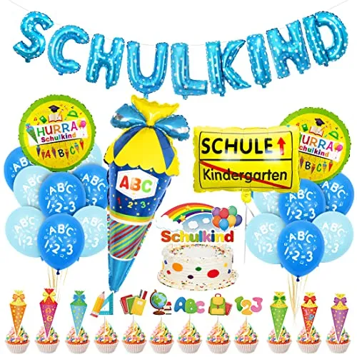 Einschulung Schuleinführung Schulanfang Deko Set für Jungen, Geschenk Einschulung Junge Deko Blau, SCHULKIND Blau Banner + HURRA Schulkind Schulanfang Folienballon + Zuckertüte Luftballons mit ABC