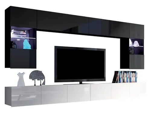 Moderne Wohnwand Calabrini I, Anbauwand Mediawand Hängevitrine TV Lowboard Wandregal Wohnzimmerschrank Fernsehschrank (mit blauer LED Beleuchtung, Schwarz + Schwarz Hochglanz / Weiß + Weiß Hochglanz)
