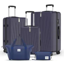 Trolleyset M-L-XL-Set, Gepäck mit Kosmetiktasche, Hartschalen-Koffer 5-teiliges Set, hochfestes ABS-Gehäuse, 360° geräuschloses Rad - Dunkelblau