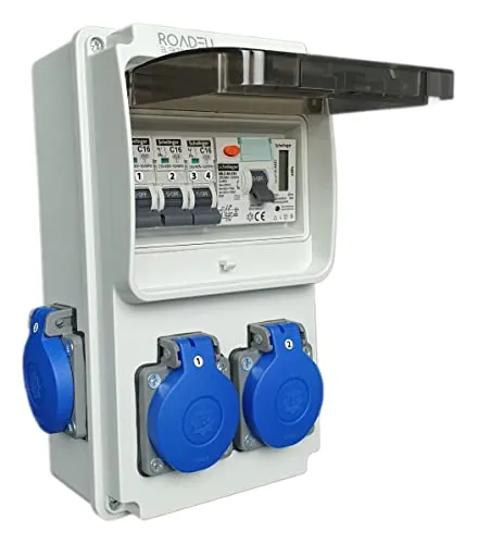 RoadEu Stromverteiler 230V mit Zähler und FI Schutzschalter - Wandsteckdosen mit 4x Schuko Steckdosen, LED Leistungsanzeige und robustem IP44 Gehäuse für sichere Innen- und Außenanwendungen.