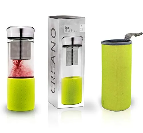 Creano Teebereiter Teamaker - Teeflasche to go aus Glas mit Sieb für losen Tee inkl. Neoprentasche | 400ml (Grün)