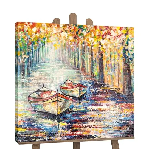 YS-Art XXL Abstrakt Acryl Gemälde auf Leinwand Herbstlicher Anlegeplatz handgemalt Wandbilder Wohnzimmer modernes Design Bilder Natur echtes Kunstwerk 90x90 cm