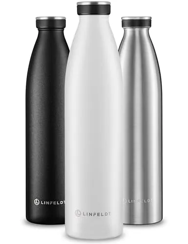 LINFELDT 1L Trinkflasche Edelstahl Isoliert 24H Auslaufsicher + Sprudel - 1000ml Wasserflasche geignet für Sport und Kohlensäure - 24H Kalt & 12H Heiß - BPA Frei - Ergonomisch in Weiß
