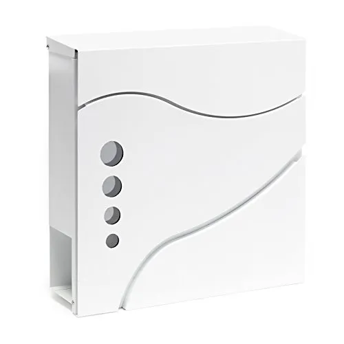 Wiltec Designer Briefkasten V31 weiß 370 x 105 x 370 mm, Wandbriefkasten mit Schloss, Sichtfenstern und Zeitungsrolle, Postkasten aus pulverbeschichtetem Stahl