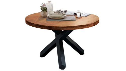 Massivart® Esstisch EDUARDO – Runde Akazienholz-Tischplatte 130 cm - Handgefertigter runder Esstisch aus 50 mm massivem Akazienholz mit schwarzem Metallgestell. Jeder Tisch ist ein Unikat und bietet Platz für gesellige Abende. Ein Stück Natur für Ihr Zuhause!