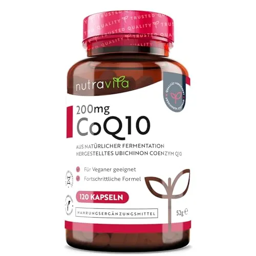 Nutravita Coenzym Q10 – 200mg pro Kapsel – 120 vegane Kapseln – 4 Monate Reichweite CoQ10 Ubiquinone – hochwertiges Q10 – hochdosiert