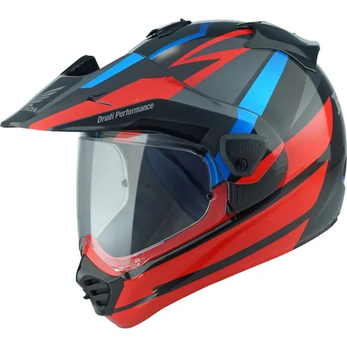 Arai Tour-X5 Africa Twin Enduro Helm - Rot-Schwarz-Blau - Motorradhelm in Größe L, ideal für Offroad- und Onroad-Aktivitäten. Mit kratzfestem Visier, optimaler Belüftung und Aufbewahrungstasche – perfekt für alle Jahreszeiten.