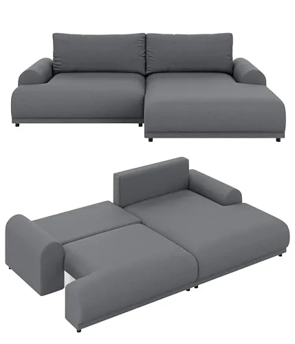 Modernes Ecksofa mit breiter Ottomane rechts, ausziehbare Schlaffunktion Gästebett inkl. Bettkasten, Wellenunterfederung, B240/T145/H81 cm, Liegefläche 130x196 cm, Strukturstoff Dunkelgrau / 21033