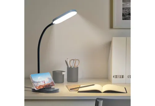 LQWELL Schreibtischlampe Tischleuchte mit Telefonhalter, LED fest integriert, 360° Flexibel Touch-Steuerung, Studienlampe für Heimbüro, 5000k, 160 Lumen, LED Schreibtischlampe