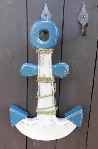 Maritime Deko - Anker aus Holz blau-weiss Handarbeit Meer Küste 30 x 20