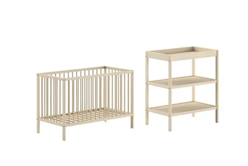 aufm Kessel Babymöbel-Set Kara-lynn 1 – Komplettset aus Massivholz - Komplettes Babyzimmer Set aus massiver Buche in natürlicher Optik. Inklusive Babybett mit höhenverstellbarem Lattenrost und praktischem Wickelregal für optimale Pflege und Stauraum.