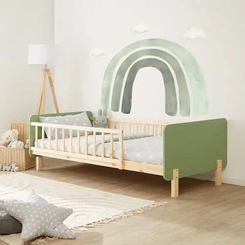 Homestyle4u 2605 Kinderbett 90x200 mit Rausfallschutz - Betten: Charmantes Holzbett aus massivem Kiefernholz in Grün, ideal für die Sicherheit Ihres Kindes mit integriertem Rausfallschutz und abgerundeten Kanten.
