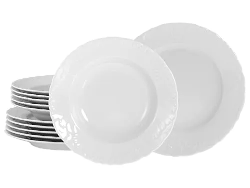 CreaTable Rokoko Weiss Tafelservice 12-tlg - Elegantes 12-teiliges Porzellan-Teller-Set für jeden Anlass. Mit 6 Speisetellern (Ø 25 cm) und 6 Pastatellern (Ø 22,5 cm) bietet es zeitlose Schönheit und Langlebigkeit. Spülmaschinen- und mikrowellengeeignet.