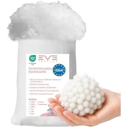 EVE Textile® 1 kg Perlen-Füllwatte für Kissen; Faserbällchen Füllmaterial & Stopfmaterial, Bastelwatte, Füllung für Stofftiere, Kuscheltiere; Öko-Tex 100 Zertifiziert, 95°C waschbare Kissenfüllung