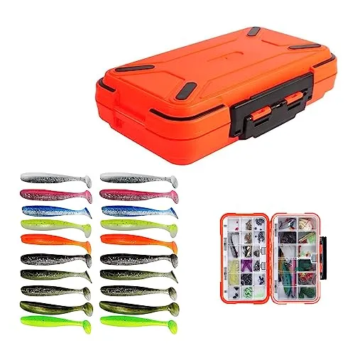 Tacklebox,RoadLoo Kunststoff Tackle Box Fishingtackle Wasserdicht Haken Köderbehälter 30 Faecher wasserdichte Angel Box und 20 Stück Gummifische Gummiköder Softbait für Kunstköder Köderbox (orange)