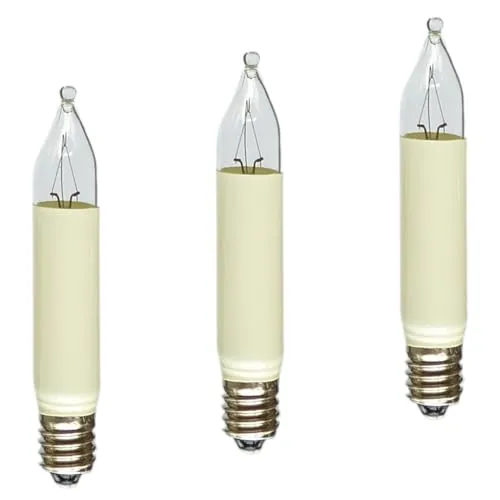 Erzgebirgslicht - AUSWAHL - 3 Stück Kleinschaftkerze 23V 3W E10 für 10 Brennstellen Ersatzbirne Glühbirne Minischaftkerze Glühlämpchen für Lichterketten Pyramide und Schwibbogen (keine LED!)