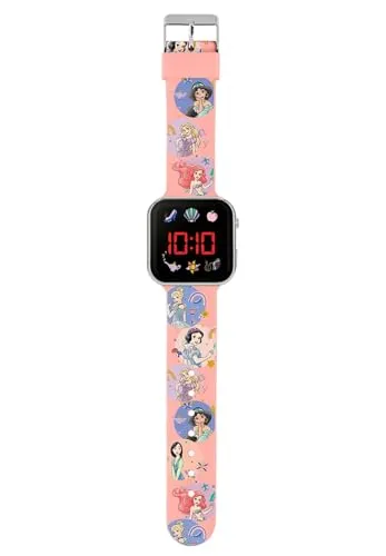 Accutime PN4398 LED-Kinderuhr Disney Prinzessinnen, Digitaluhr mit LED-Anzeige für Uhrzeit und Datum, Weiches Acryl-Armband, Lange Batterielaufzeit, Abschalt Automatik, für Mädchen und Jungen, Rosa
