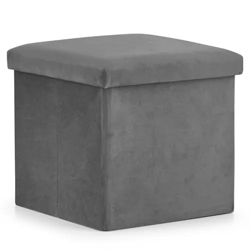 Home Collective Klapphocker, 2-in-1-Hocker und Stauraum, L - 38 x 38 x 38 cm, 80 kg Sitzlast, 37 l Stauraum, Sitzhocker Aufbewahrungsbox Grauer Samt