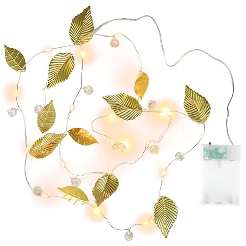 Nipach GmbH Lichterkette „Perlen + Blätter“ GOLD 20 LED warm weiß Batterie Timer Xmas-Deko Weihnachts-Deko Weihnachtsbeleuchtung
