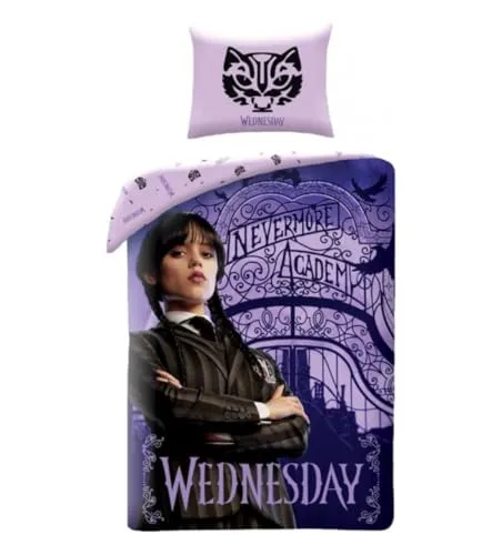 Halantex WEDNESDAY NEVERMORE ACADEMY Bettbezug 140x200 cm - Bettwäschen-Set aus 100% Baumwolle, perfekt für einen erholsamen Schlaf und ideal für Wednesday-Fans, mit praktischem Reißverschluss und maschinenwaschbar.