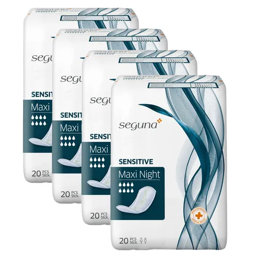 SEGUNA Sensitive Maxi Night Sparpaket (4 x 20 Stück) - Inkontinenzeinlagen für sicheren, diskreten Schutz bei Blasenschwäche. Mit leistungsstarkem Saugkern und angenehmem Tragekomfort, ideal für die Nacht.