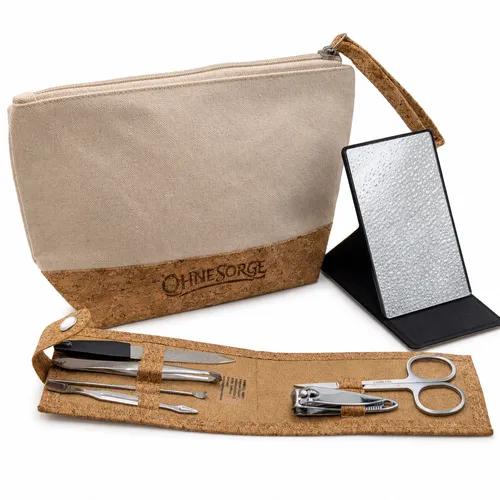 Kosmetiktasche Kork Baumwolle mit 6-tlg Maniküre-Set & Spiegel Reise OhneSorge