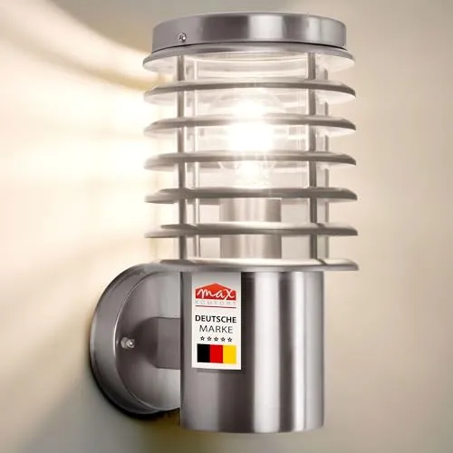 max K O M F O R T Aussenleuchte Edelstahl E27 - Hochwertige Wandleuchte aus Edelstahl mit 360° Lichtschein, ideal für Garten und Hauswand. E27-Fassung ermöglicht individuelle Lichtgestaltung mit LED-Leuchtmitteln.