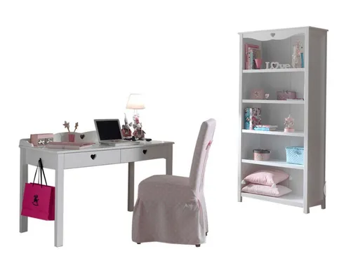 aufm Kessel Jugendzimmer-Set Beimöbel Set Kamila Kindermöbel Set komplett MDF Weiß AMCO07, (inkl. Versand, Lieferung bis Verwendungsstelle), Regal mit 5 Fächern und Schreibtisch mit herzförmigen Details 58