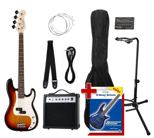 Rocktile E-Bass PB Precision-Style Bassgitarre - Komplettset mit Verstärker und Zubehör - E-Bass-Komplettset für Einsteiger, inklusive 15W Verstärker, Gigbag, Gurt, Kabel, Metro-Tuner und Gitarrenständer. Ideal für den perfekten Einstieg in die Rockmusik!