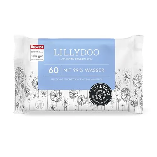 LILLYDOO Baby Feuchttücher mit 99% Wasser, 60 Stück, 100% plastikfreies Tuch, ohne Parfüme & mild wie Watte und Wasser