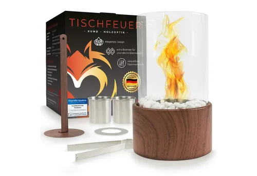 Flammenfuchs® Tischkamin - Edler Bio Ethanol Kamin für Indoor & Outdoor - Gel- & Ethanol-Kamine mit unendlicher Brenndauer! Der Flammenfuchs bietet verstellbare Flammen und ein stilvolles Design in Holzoptik - perfekt für jede Einrichtung.