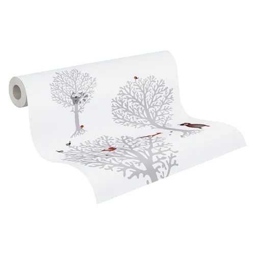 A.S. Création Kinderzimmertapete Little Love Tapete mit niedlichen Wald Tieren PVC-freie Vliestapete braun grau weiß orange seidenmatt glatt 381341