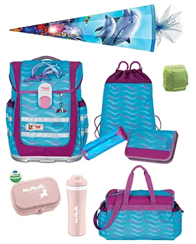McNeill Schulranzen Mädchen 1. Klasse 10-TLG. Set Ergo Complete Finny Delfin-e - Schultaschen-Set für 1. Klasse; nur 1.150 Gramm leicht mit 20 Litern Volumen; inklusive Schultüte und Sporttasche - perfekt für einen gelungenen Schulstart!
