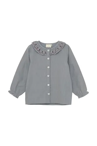 EN FANT Kinder Mädchen Bluse Blusenshirt Shirt mit 5-Knopf-Form Rundhals Stickereien Rüsschen 100% Baumwolle Regular fit, Farbe:Tradewinds (7437), Größe:128