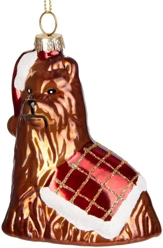 BRUBAKER Christbaumschmuck Hund mit Decke, Lustige Weihnachtskugel - Yorkshire Terrier (1-tlg), Handbemalt, Hund aus Glas, Lustig Deko Anhänger Baumkugel - 9,4 cm