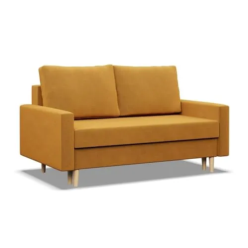 Mebligo Sofa mit Schlaffunktion Blank - 2 Sitzer in Gelb - Kompaktes Sofa mit Bettkasten und einfachem Ausklappmechanismus – ideal für kleine Räume und zusätzlichen Schlafplatz.