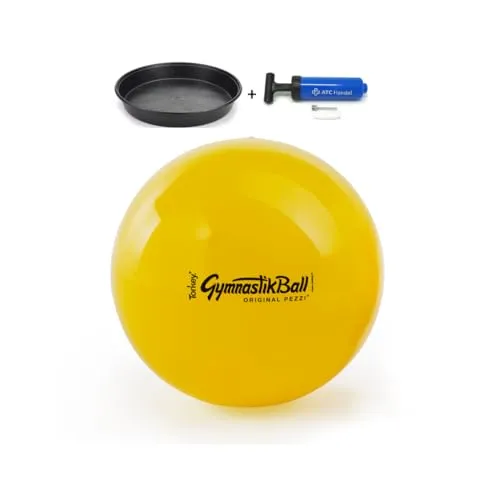 Original Pezzi Gymnastikball Standard Ø 42, 53, 65 & 75 cm in Allen Farben inkl. Ballschale und ATC Ballpumpe – Bis 400 kg belastbar – Fitness, Reha, Therapie, Gymnastik & Sitzball (gelb, 42cm)