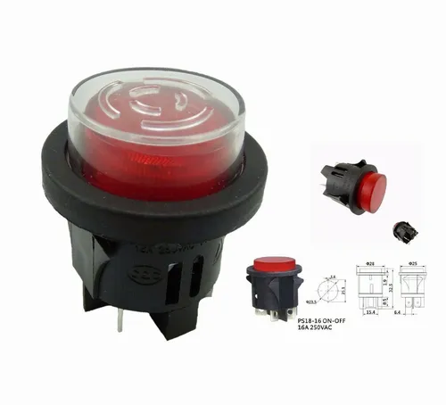Druckschalter Einbau ø 25mm mit Wasserdichte Abdeckung, 250V 16A rot beleuchtet 