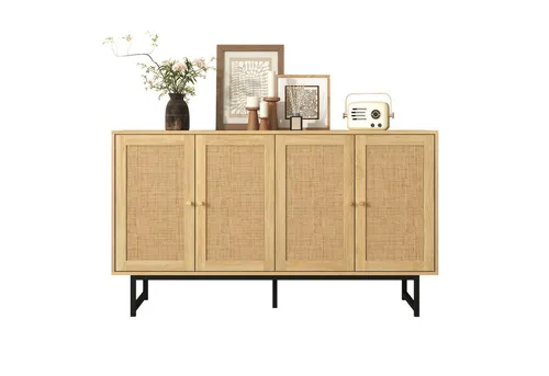 MODFU Sideboard mit echtem Rattangeflecht – Stilvolle Kommode für Ihr Zuhause - Das MODFU Sideboard vereint elegantes Design mit praktischem Stauraum. Ideal zur Aufbewahrung von Geschirr oder Dekoration, bietet es vier Türen und verstellbare Einlegeböden. Perfekt für moderne Wohnräume.