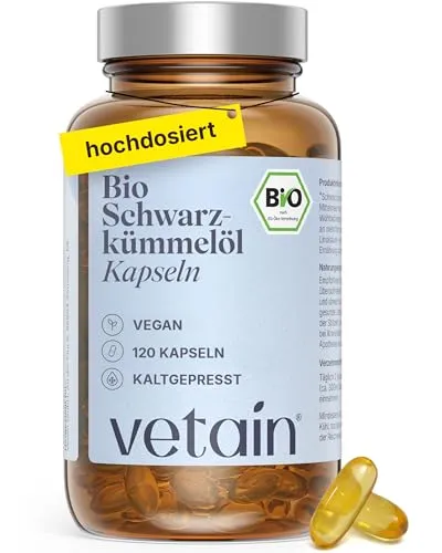 VETAIN Bio Schwarzkümmelöl Kapseln - 120 Stück, 72 g, rein pflanzlich - Hochwertige Kapseln mit Bio Schwarzkümmelöl, ideal zur Unterstützung der täglichen Ernährung. Vegan und ohne Zusatzstoffe, für eine bewusste Lebensweise.