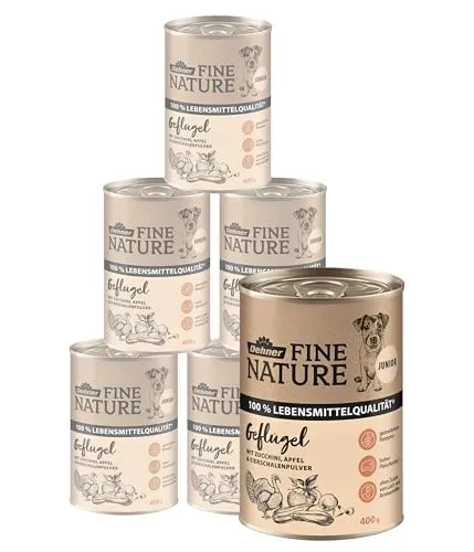 Dehner Fine Nature Hundefutter, Nassfutter in Lebensmittelqualität, für Welpen und junge Hunde, Geflügel, 6 x 400 g Dose (2.4 kg)
