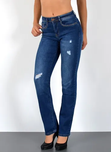ESRA Damen High Waist Straight-Jeans - Moderne Damenjeans in Dunkelblau mit hohem Bund und geradem Schnitt. Ideal für einen lässigen Look, aus elastischem Material für perfekten Tragekomfort.