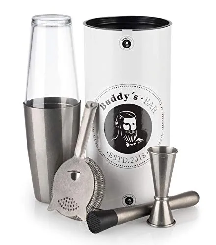 Buddy´s Bar – Boston Bar-Set 700 ml - Cocktail-Set mit Boston-Shaker, Barmaß, Stößel und Barsieb aus lebensmittelechtem Edelstahl, ideal für professionelle Cocktailzubereitung und perfekt als Geschenk!