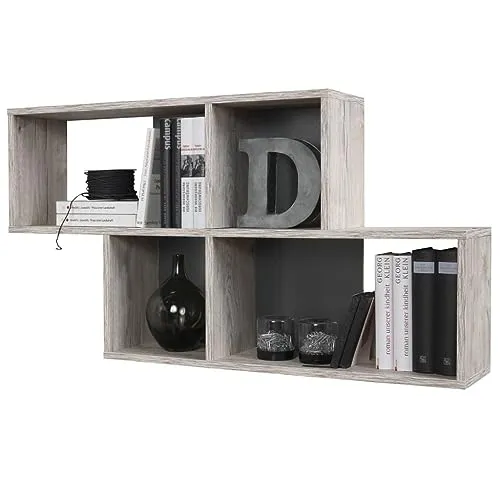 FMD Möbel Nora Wandregal - Schweberegal in Sandeiche/Anthrazit, mit 4 Fächern für Bücher und Deko. Unsichtbare Wandbefestigung für eine elegante Optik, ideal für Schlafzimmer, Büro und Wohnbereich.