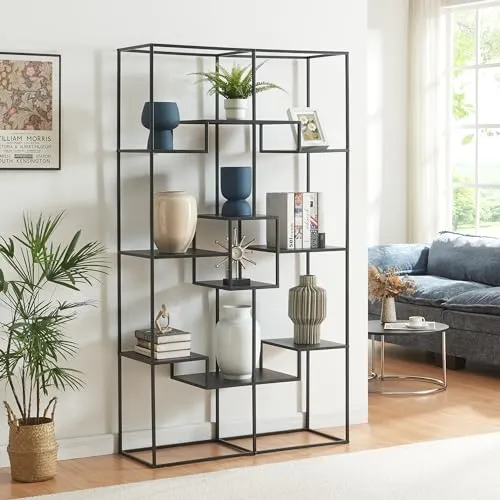 [en.casa] Bücherregal Råde - Offener Bücherschrank für Wohnzimmer - Bücherregal aus Metall in Schwarz, mit großzügigen Ablageflächen für Bücher und Deko, ideal für stilvolle Ordnung in jedem Raum.