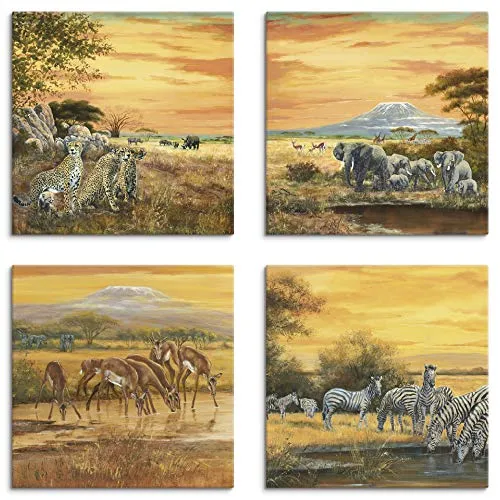 ARTLAND Wanddeko Leinwand Bilder Set 4tlg. je 40x40 cm Quadratisch Wandbilder Tiermotive Geparden Elefanten Zebras Steppe Afrika K2KL