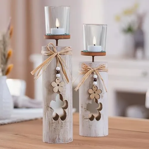 Produktbild Dekoleidenschaft 2X Windlichtsäule Blüten aus Holz & Glas