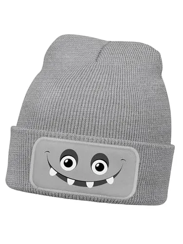 Produktbild MoonWorks® Wintermütze Kinder Beanie Jungen Monster Patch Aufdruck Print Strickmütze Kindermütze Grau Unisize